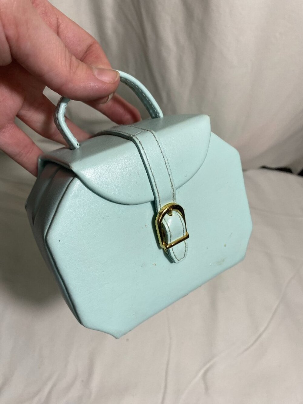 Vintage Blue Faux Leather Travel Jewelry Box Case Ring Holder Mini Train Case